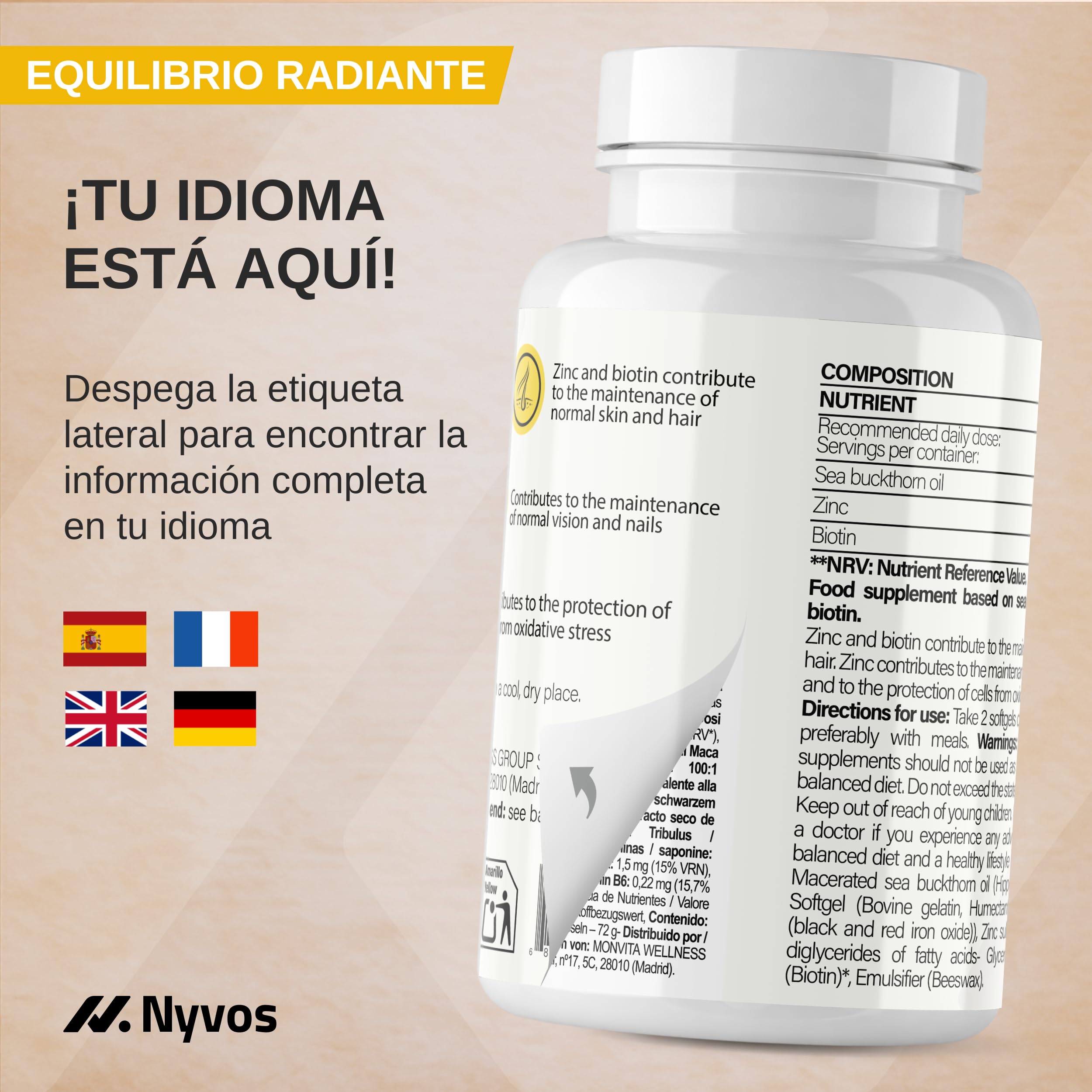 Omega 7 de Espino Amarillo con Biotina - Cabello, Piel y Uñas - 180 Perlas | Cabello, piel, uñas y mucosas, aceite de espino amarillo 1000 mg, omega 7 natural, biotina 5000 mcg con zinc, vegano