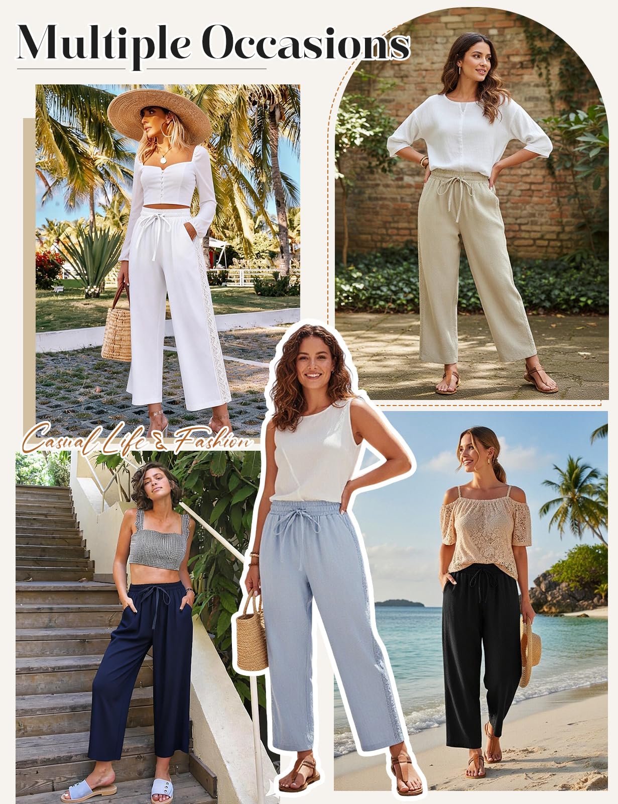 Pantalones Mujer Verano 7/8 Algodón Cintura Alta Casual con Bolsillos