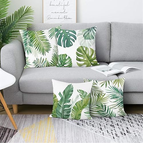 Miniatura 2 de Bonhause Juego de 4 fundas de almohada de hojas tropicales de 18 x 18 pulgadas, almohadas decorativas de hojas de palma verde, fundas de cojín de