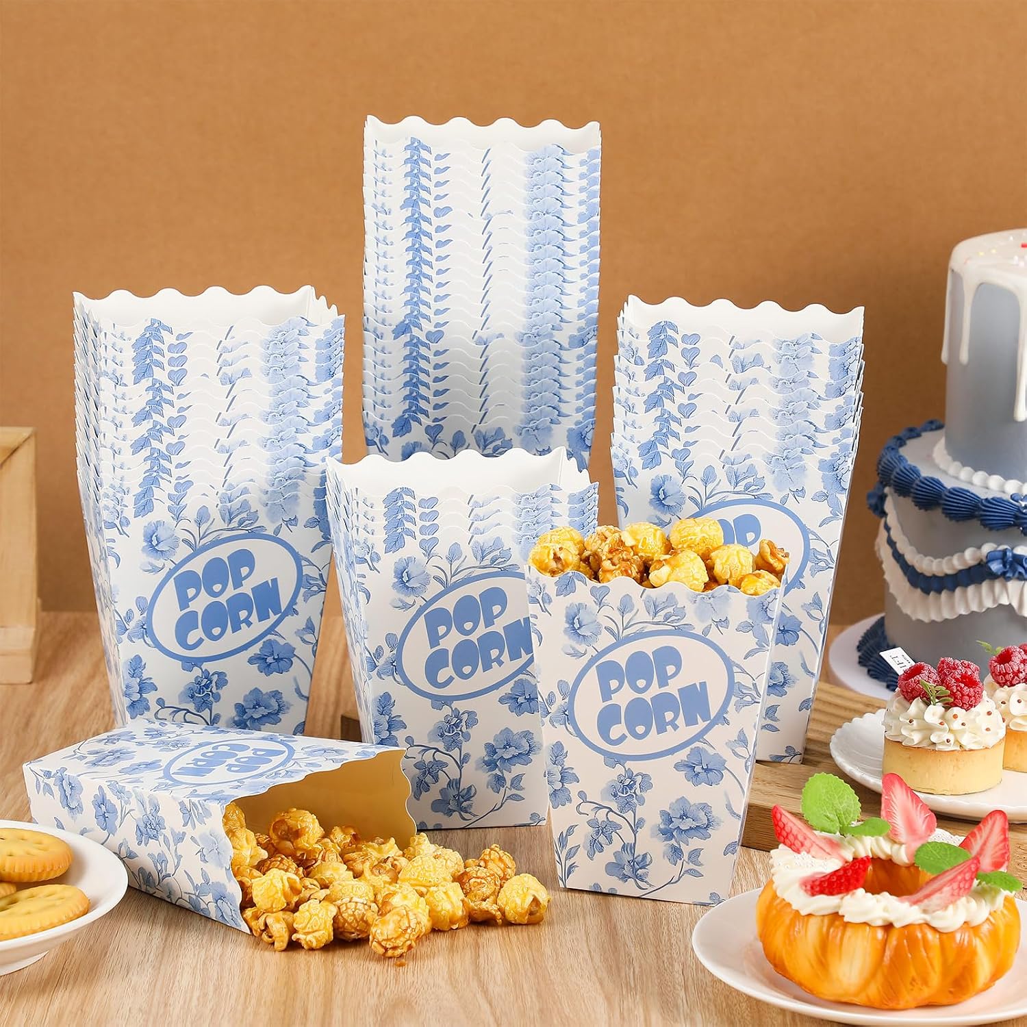 Marspark 50 Pack Mini Blue Floral Popcorn Boxes, 5.51"H x 4.21" W