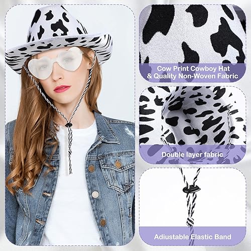 Miniatura 6 de SATINIOR 9 unidades de sombrero de vaquero con estampado de vaca rosa, gafas en forma de corazón, pañuelos de vaquero de cachemira, sombrero de