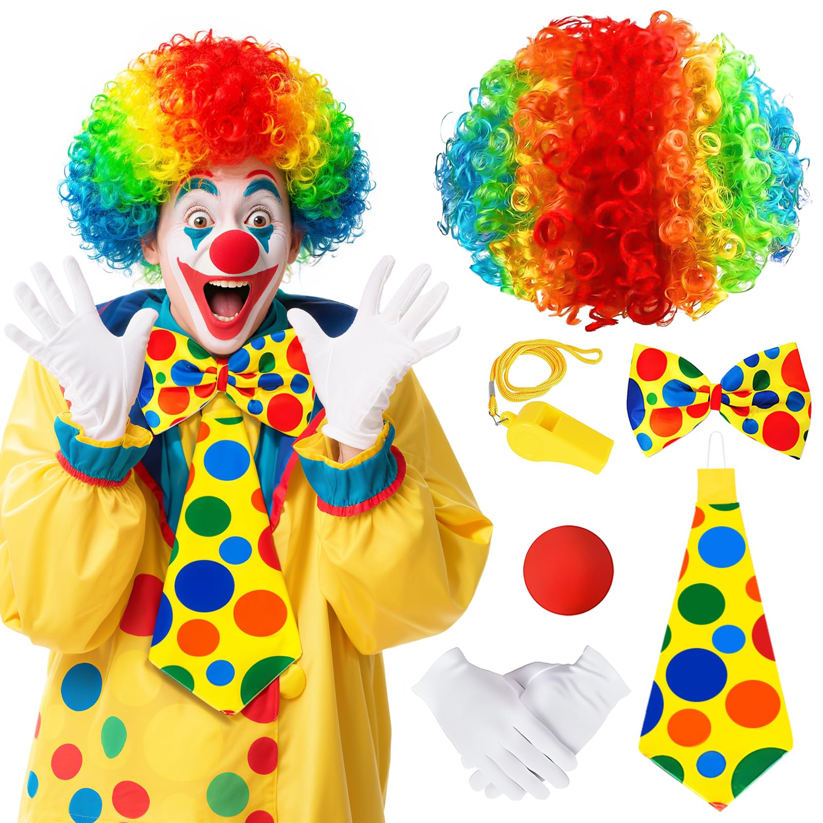6 Pcs Rainbow Clown Costume Set with Clown Wig Nose Circus Costume Accessories for Halloween Fancy Dress Party Cosplay Carnival Outfit Clowns Set Unisex Adults & Teens