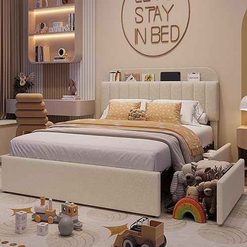 Miniatura 5 de Base de cama tamaño matrimonial de IDEALHOUSE con 2 cajones flexibles y cabecero tipo estantería, base de cama tapizada con plataforma para