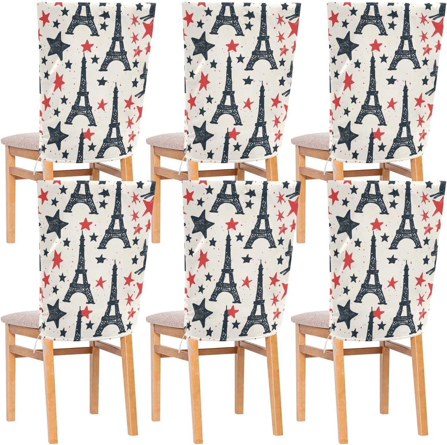 ALAZA Vintage Eiffel Tower Stars Dogs Chair Back Cover Set of 6, Washable Reusable Removable Chair Slipcovers Decorative Chair Cover for Home Kitchen Wedding Party