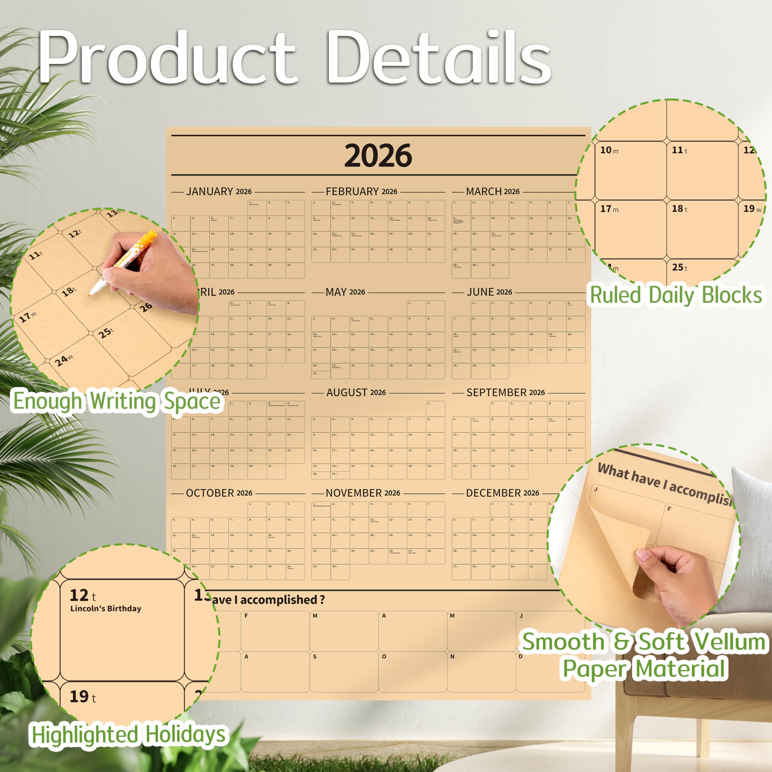 Condition photo showing Brand New for GuassLee Extra Large Yearly Wall Calendar 2026, Full Year Calendar One Page, Jan. 2026- Dec. 2026, Annual Wall Calendar 2026, 36"X 48" 12-Month Calendar Wall with Stickers