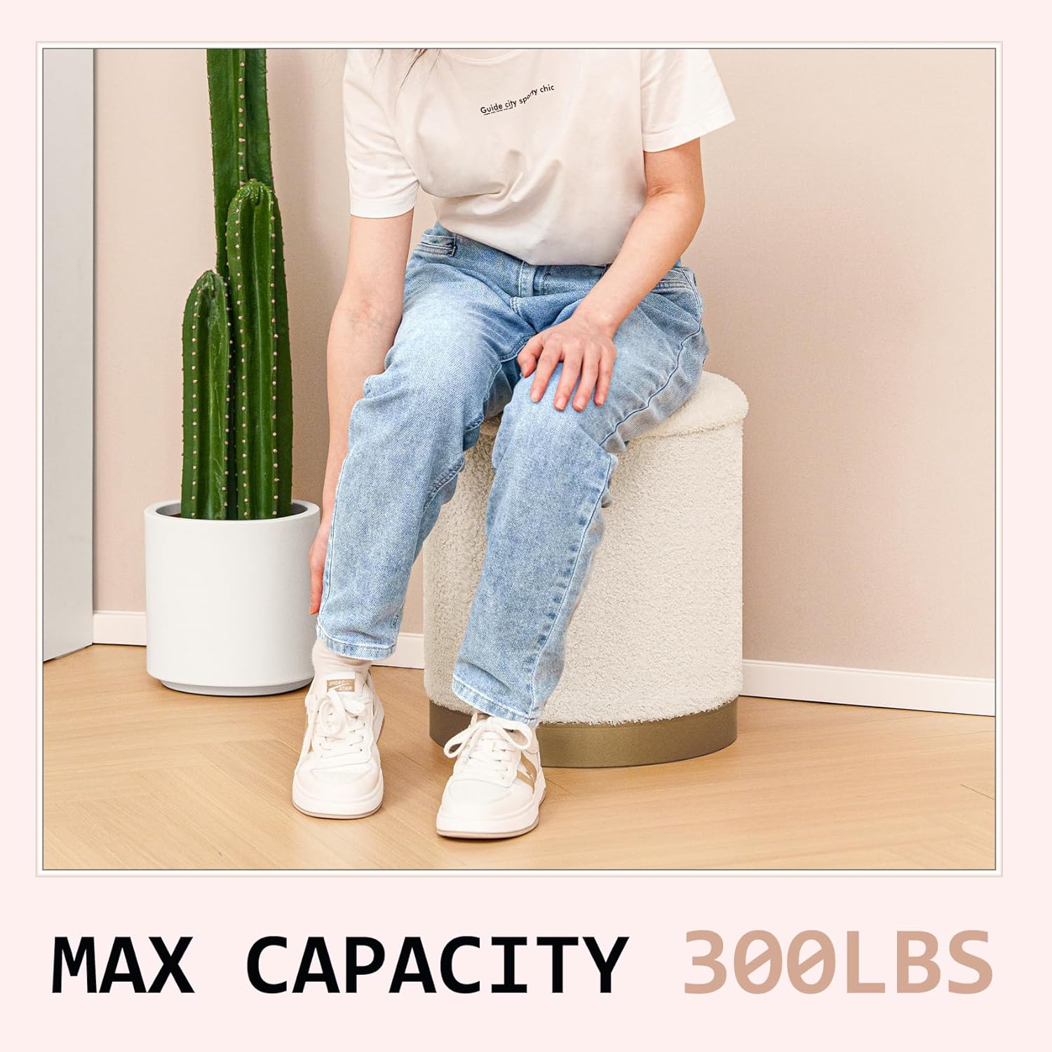 Round Storage Ottoman with Reversible Tray Top, 16.3" Boucle Ottoman Footrest Stool with Metal Base, Upholstered Vanity Stool with Storage for Living Room Bedroom, White