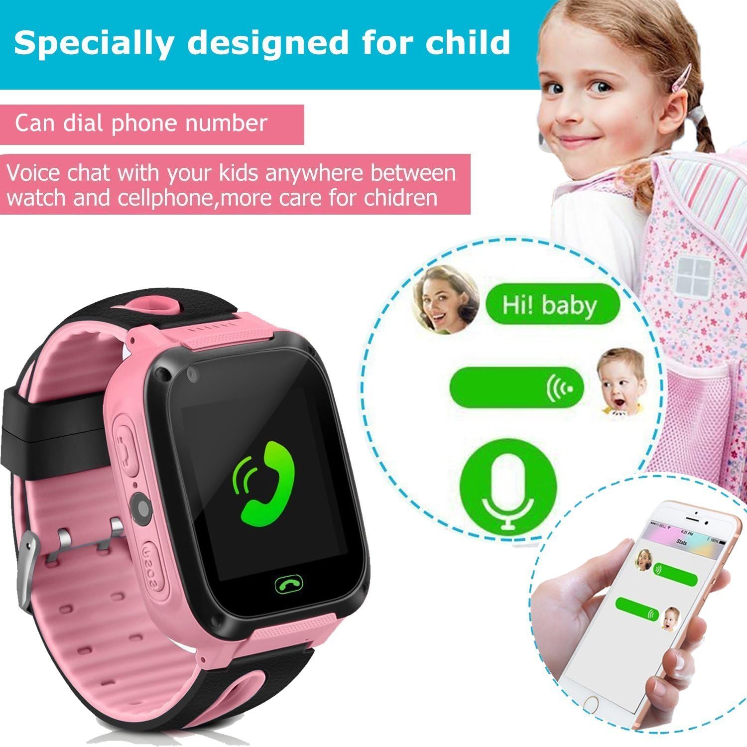 Bambini Smart Watch Phone, GPS Tracker Smart orologio da polso per 3-12 anni Ragazze con SOS Camera Sim Card Slot Touch Screen gioco Smartwatch Giocattoli Regalo per bambini (Rosa)