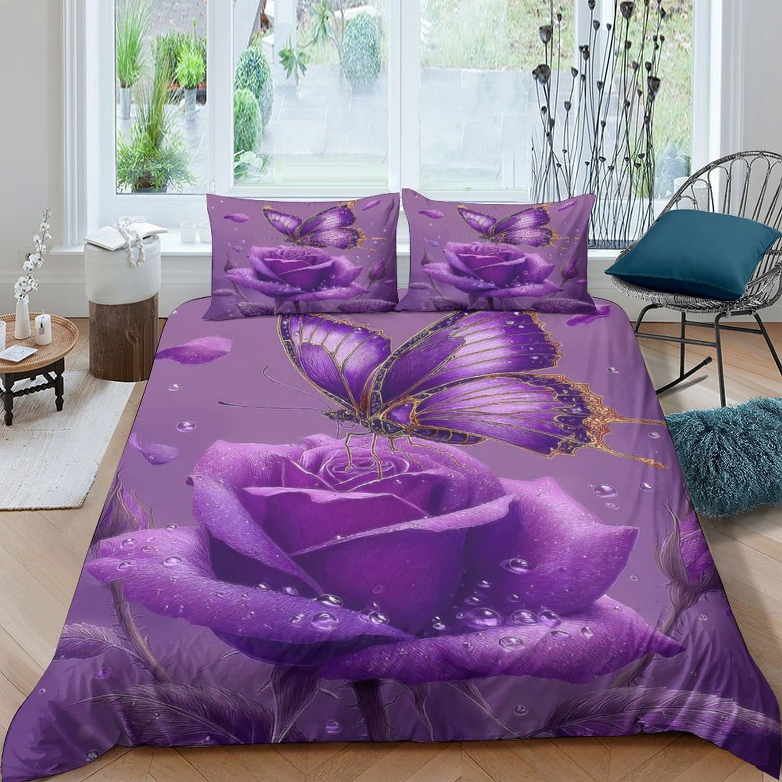 Housse de couette papillon violet 140x200 cm anti-plis en microfibre douce