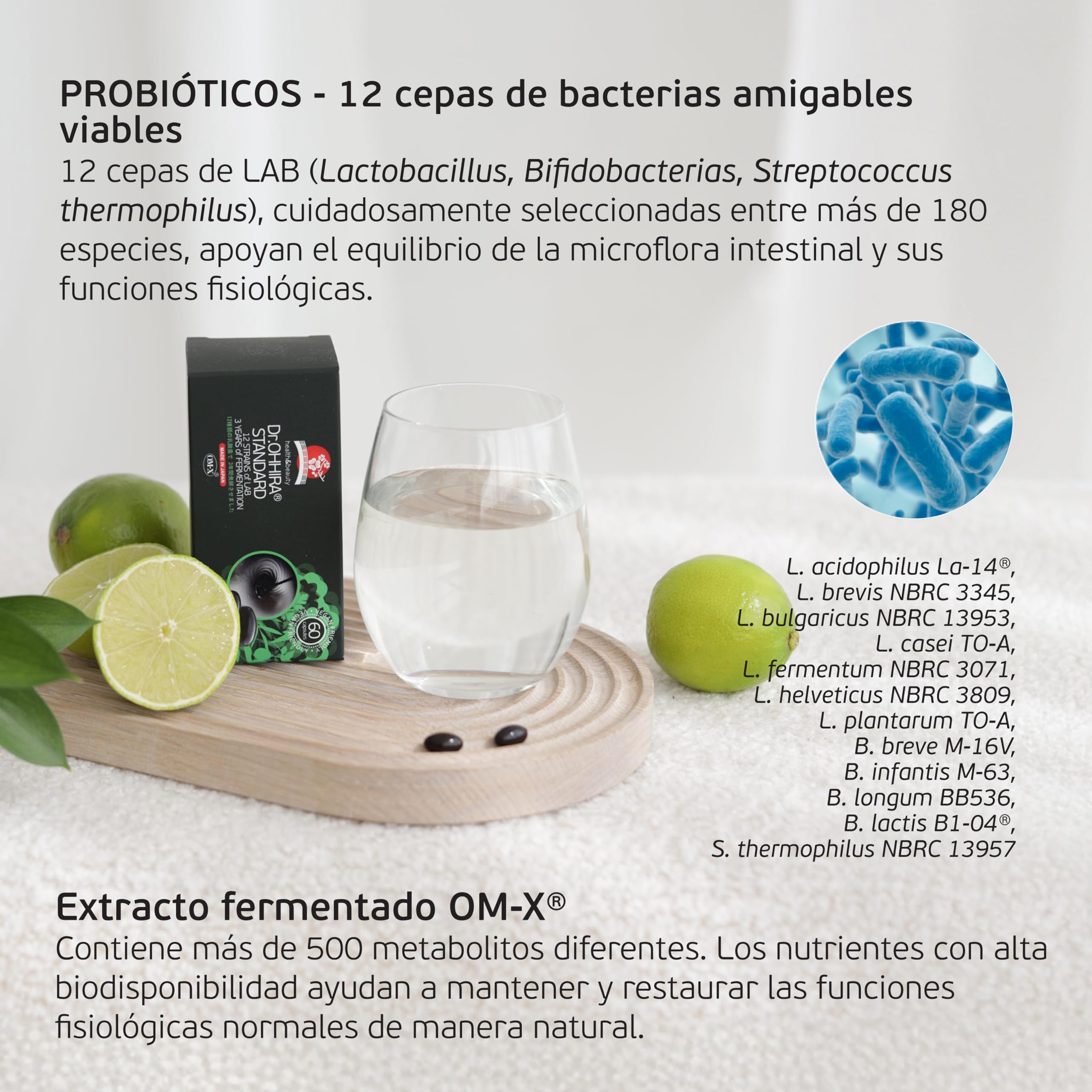Standard Salud Intestinal - Probióticos, Prebióticos y Postbióticos en OM-X® - 3 Años de Fermentación Sin Calefacción de 12 Cultivos Bacterianos Vivos Con 14 Frutas, 60 Cápsulas
