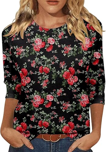 KISSMODA Tunic Tops for Women Loose Fit Dressy Round Neck Pleated 3/4 Length Sleeve Spring Tops