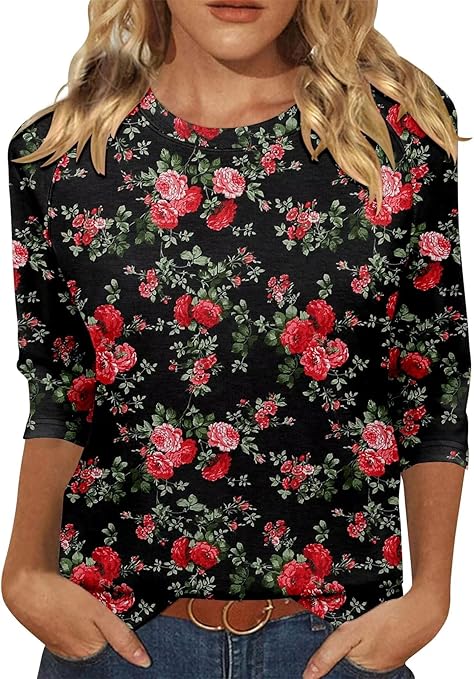 KISSMODA Tunic Tops for Women Loose Fit Dressy Round Neck Pleated 3/4 Length Sleeve Spring Tops