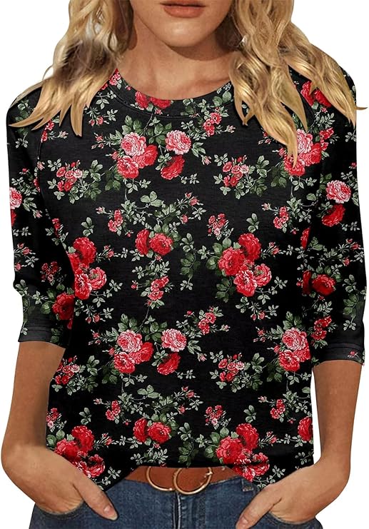 KISSMODA Tunic Tops for Women Loose Fit Dressy Round Neck Pleated 3/4 Length Sleeve Spring Tops