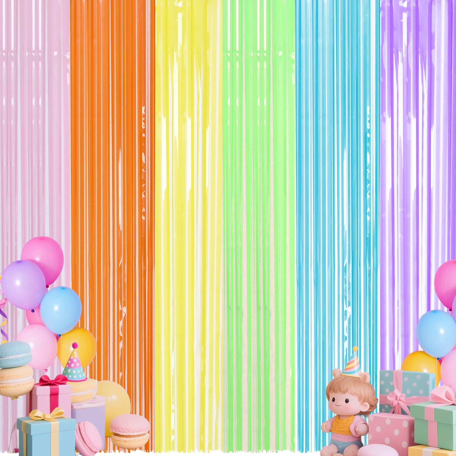 Photo 1 of Tingjoo Pastel Color Party Decorations, 2 Pack 3.3 x 6.6 ft Pastel Color Foil Curtain Backdrop Metallic Tinsel Foil Fringe Curtains Streamers Photo Prop for Birthday Wedding Party Supplies