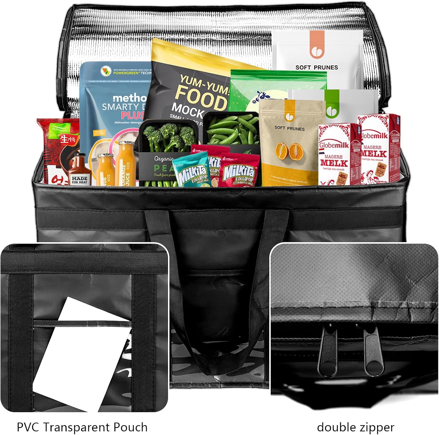 XXXL Large Insulated Cooler Bag, Double Zipper Food Delivery Bag, Styrofoam Cooler of Keep Food Cold or Hot, Easy to Clean, Ideal for Professional Food Groceries Delivery Restaurant(Black, 3XL)
