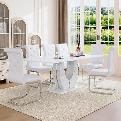 Juego de mesa de comedor de mármol sintético para 6.71 pulgadas, juego de mesa de comedor moderno para 6 personas con mesa de vidrio y pedestal en 6