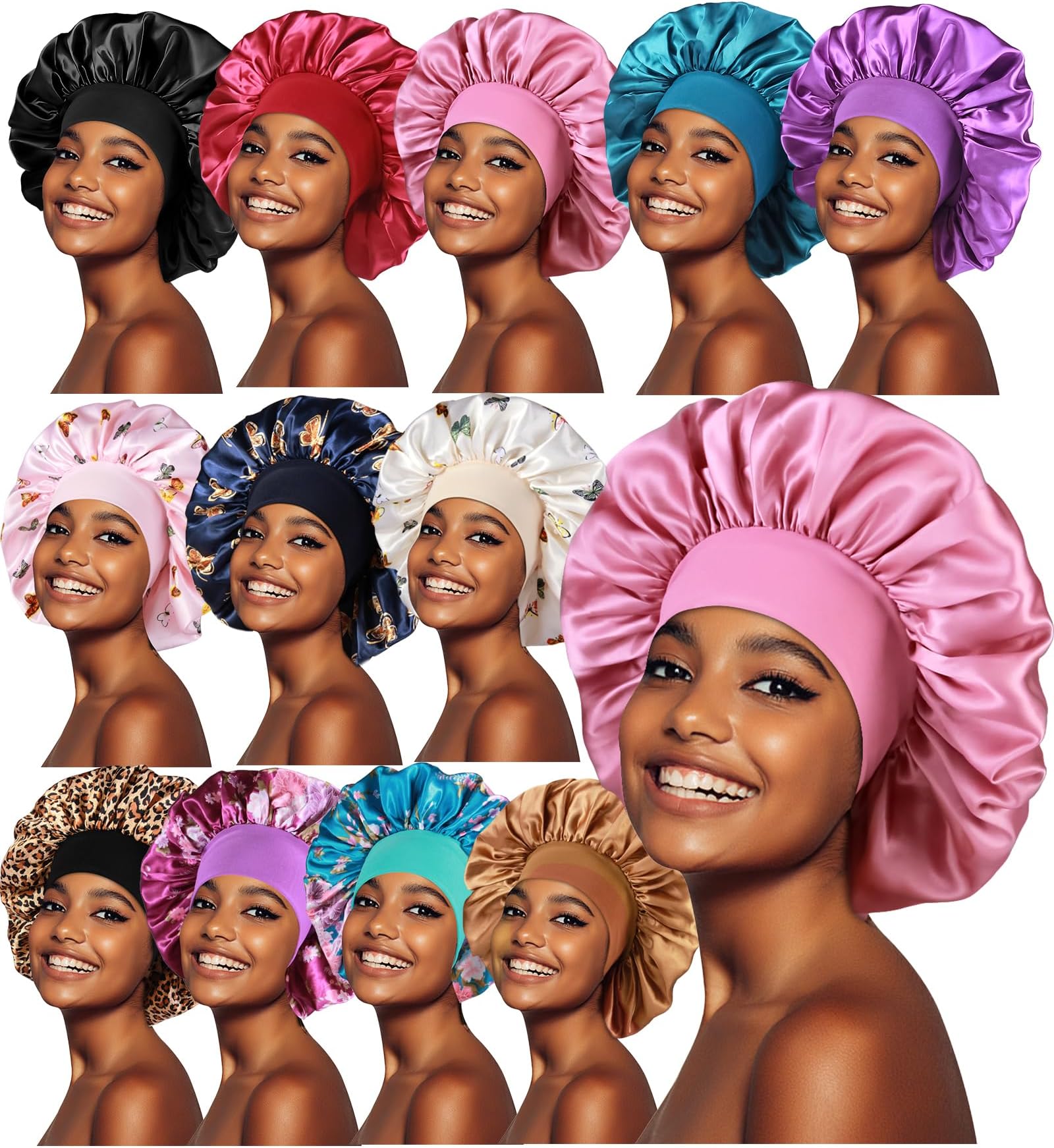 12pcs Large Satin Bonnets for Sleeping, Silky Hair Bonnet for Black Women Braid Curly Hair