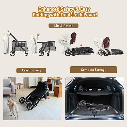 Miniatura 7 de Cochecito mediano para perros pequeños a grandes, con 4 ruedas, cochecito múltiple para 4 perros con capacidad para hasta 40 libras, plegado con un