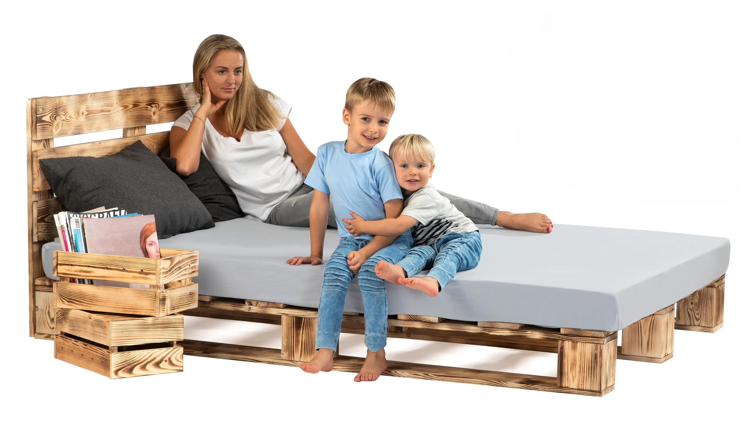 Palettenbett M1 aus Holz 180 x 200 cm Geflammt mit Kopfteil Holzbett 20cm Stabiles Seniorenbett Kinderbett Jugendbett Gästebett erhöhtes Einzelbett Bettgestell Futon Komforthöhe Naturholz