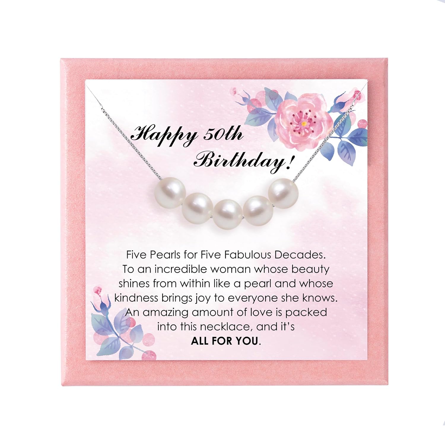 50th Birthday Gifts for Her - 925 Sterling Silver Necklace with Five Pearls  50-Year Old Birthday, Valentine's Day, and Mother's Day Gifts for Women, Mom, or Friends