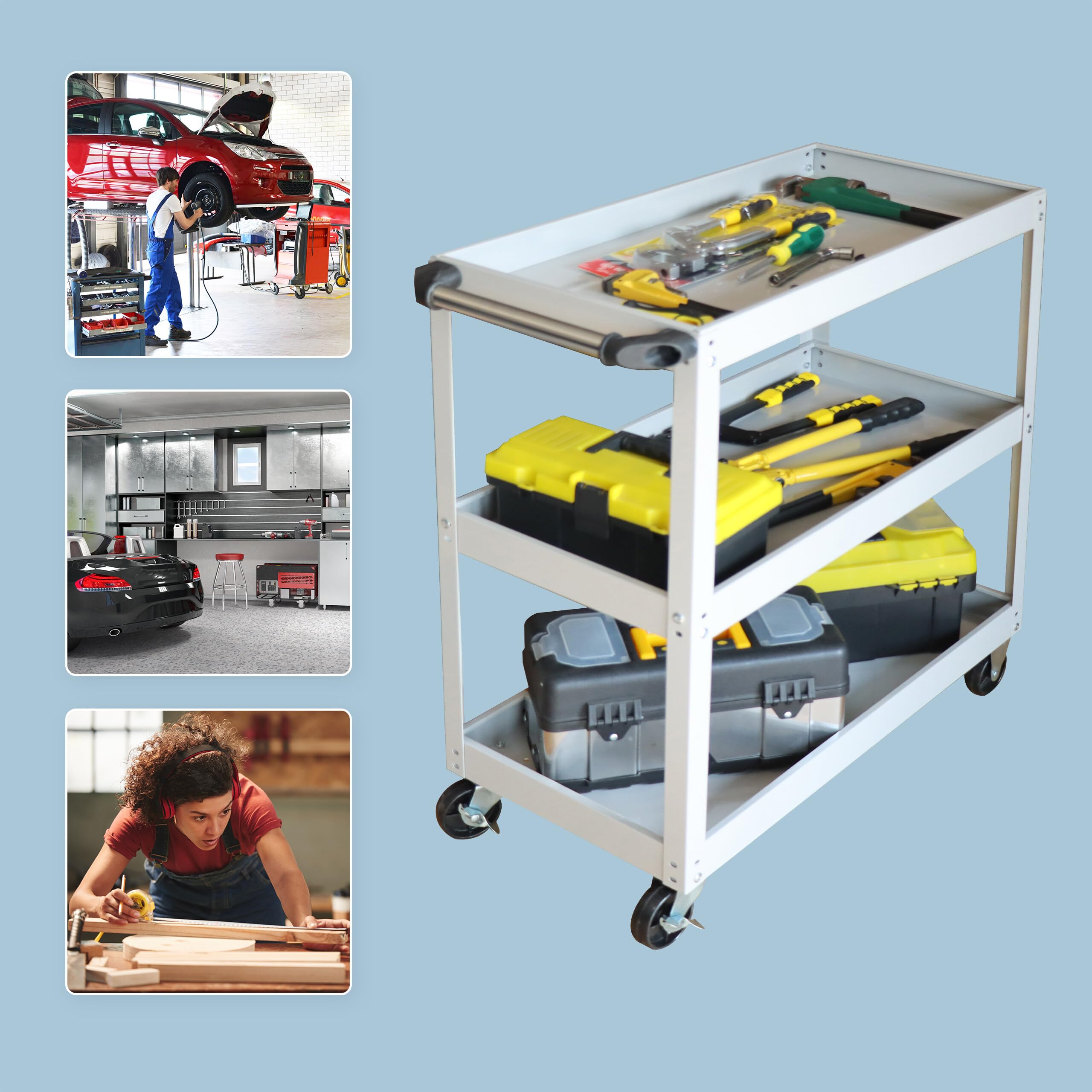 Relaxdays Carro de Taller móvil con Herramientas, 3 Niveles, hasta 100 kg, Gris, 78x76x35 cm