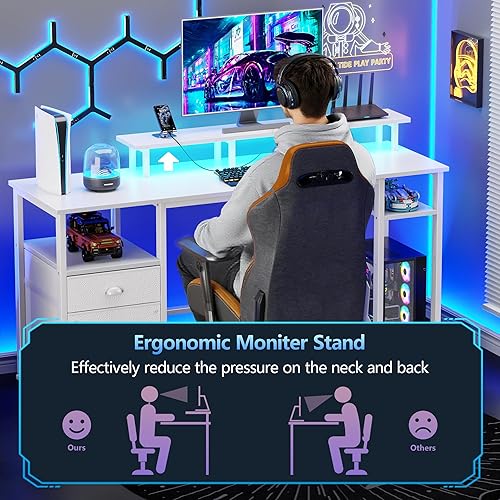 Miniatura 4 de Furologee Escritorio de 61 pulgadas con luz LED y tomas de corriente, escritorio reversible para computadora con archivador y cajón, escritorio