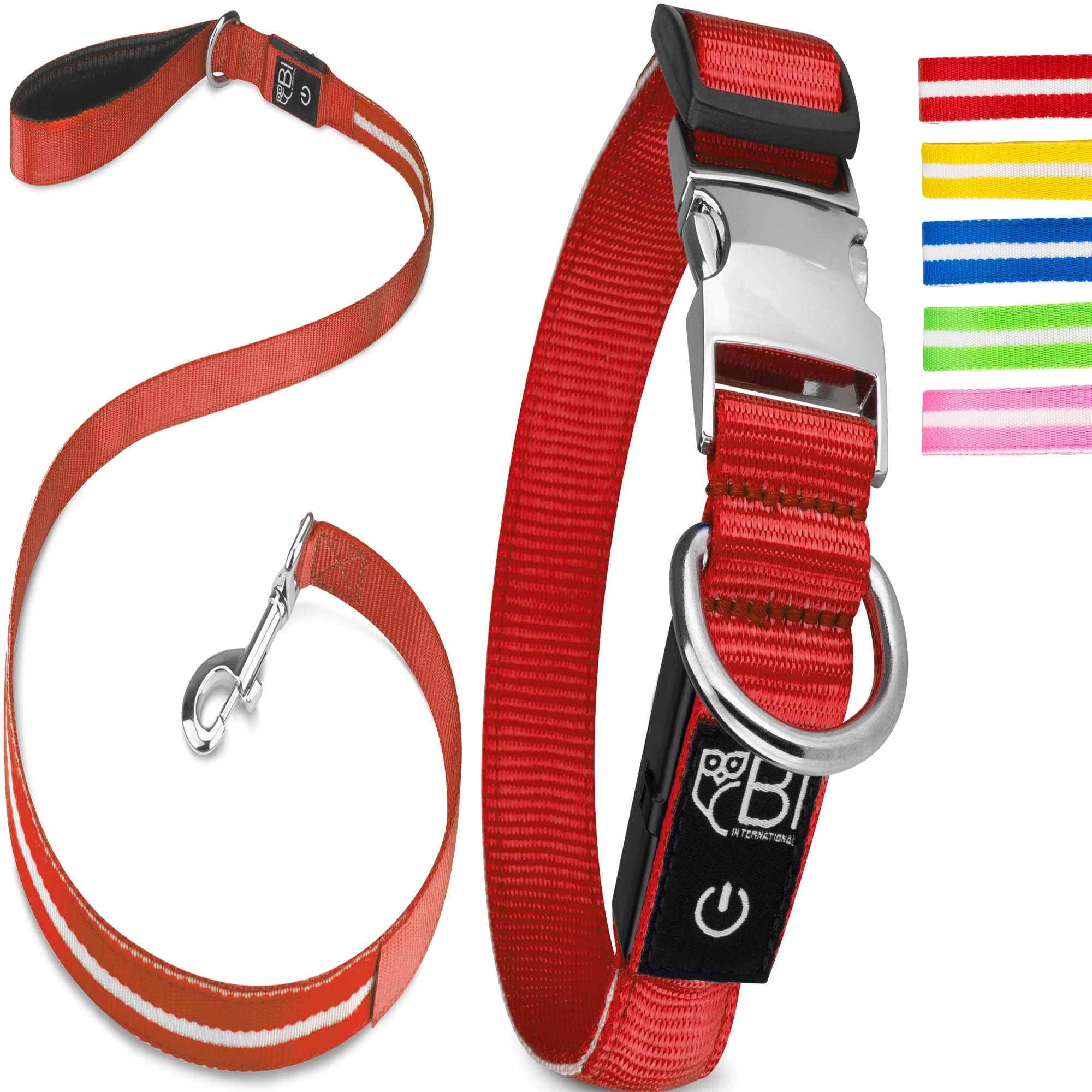 BI International ® Collier pour chien lumineux & rechargeable – Lumière LED étanche – Collier pour chien en nylon renforcé – Sûr grâce à la fermeture en métal innovante (S, rouge)