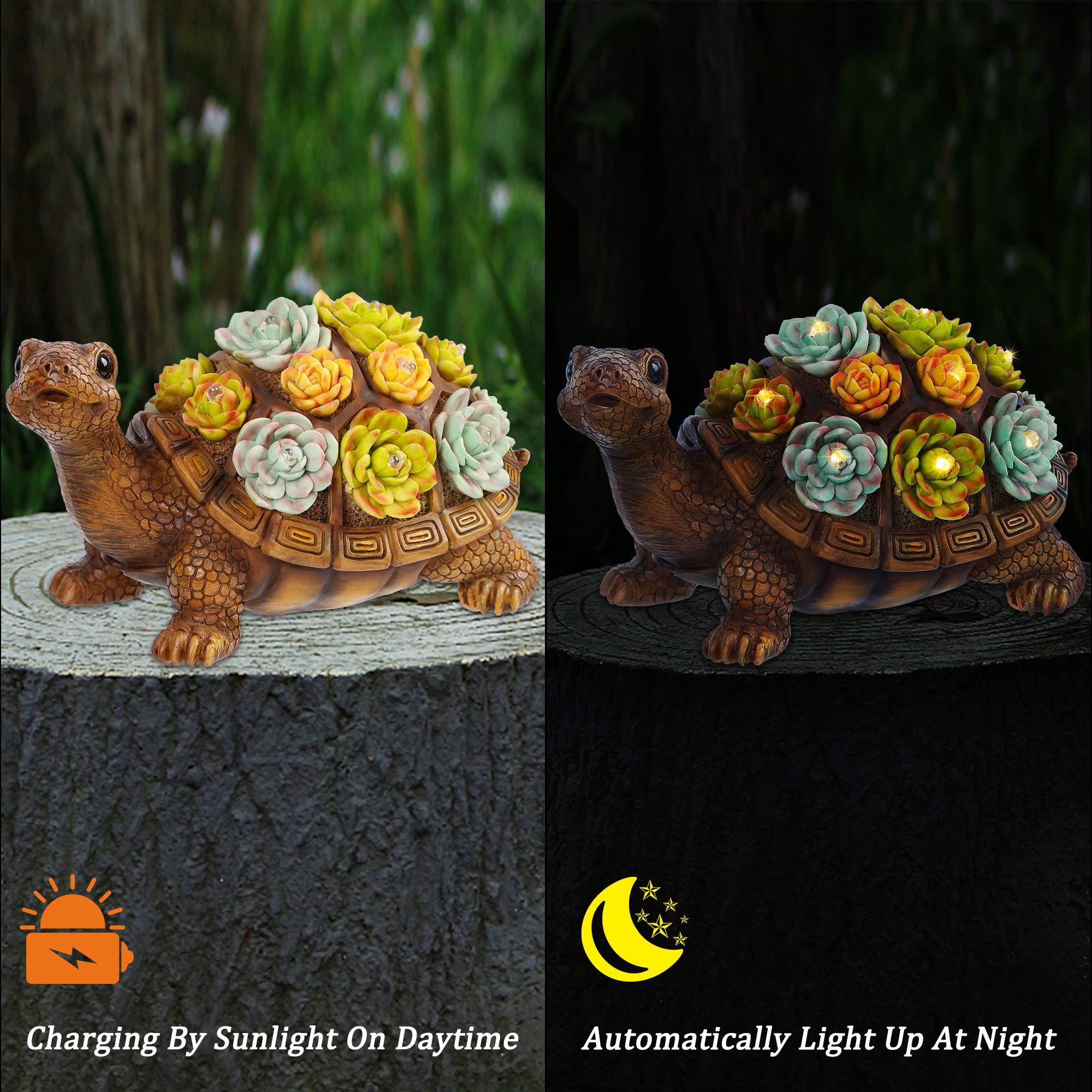 FORUP Turtle Garden Statue, Resin Turtle Figurine Garden Lawn Ornaments with Solar LED Lights for Outdoor Yard Garden Decorations