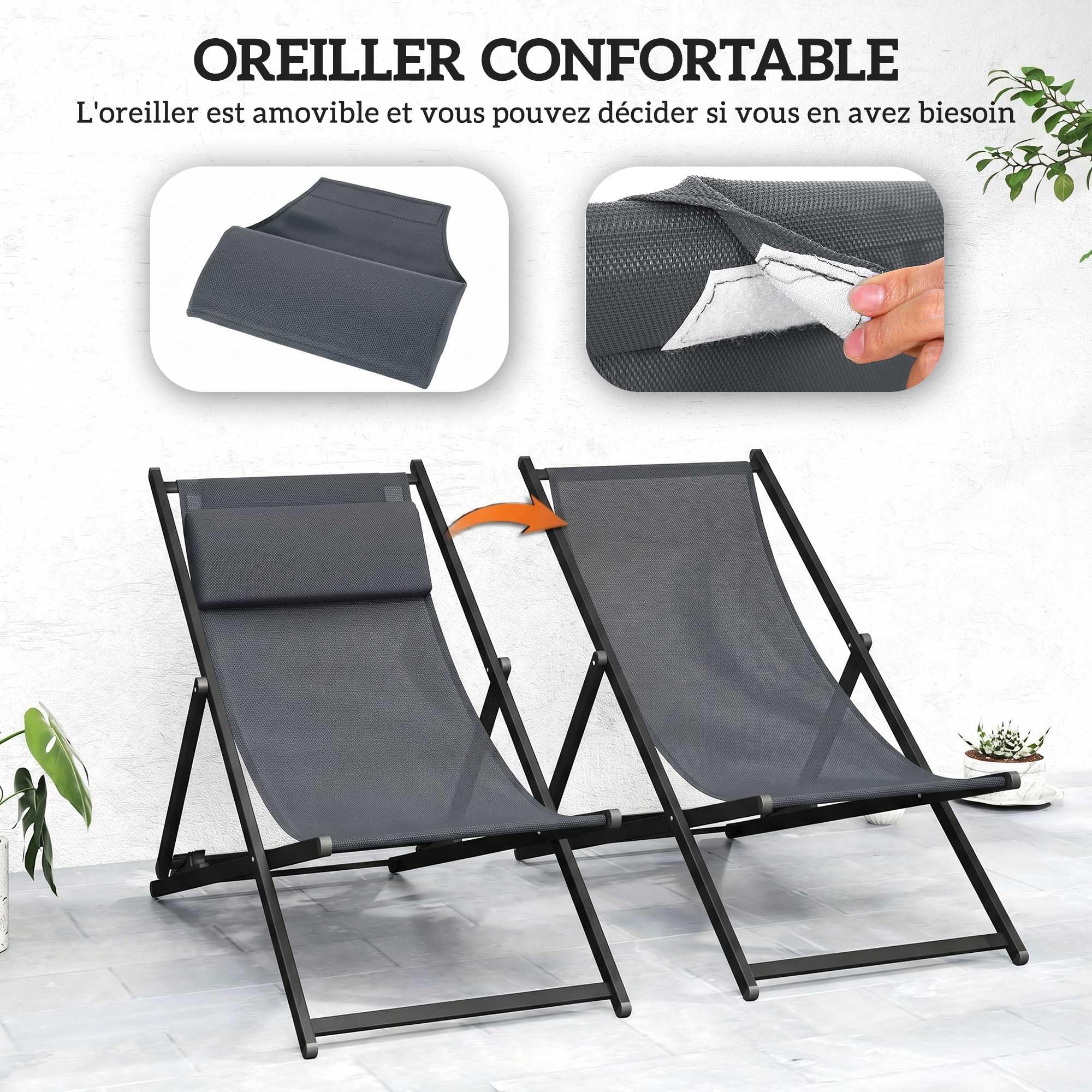 Outsunny Lot de 2 Bain de Soleil, Chaise Longue Pliante avec appuie-tête en textilène, transat Jardin extérieur inclinable de Plage Camping Piscine terrasse, 60 x 100 x 85 cm, Gris foncé