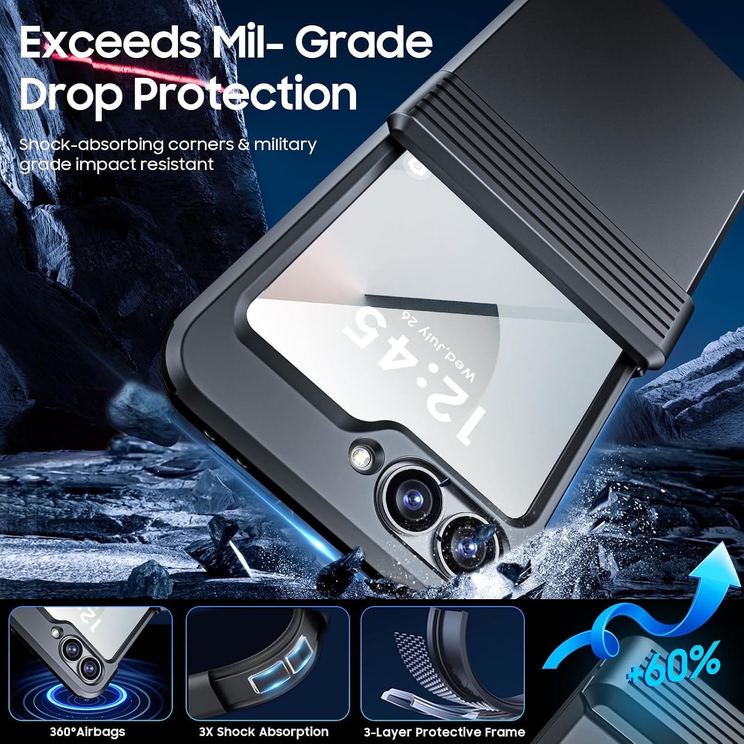 CENMASO for Galaxy Z Flip 6 Case/Z Flip 7 FE Case with Hinge Protection & Built-in Screen Protector, Ultra-Thin Full-Body Shockproof Protection Phone Case for Z Flip 6/Flip 7 FE-Black