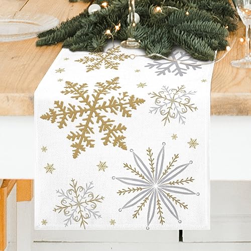 Miniatura 2 de FJPT Camino de mesa de Navidad con copos de nieve de oro blanco, decoración de Navidad para interiores y exteriores, cocina, comedor, sala de estar,