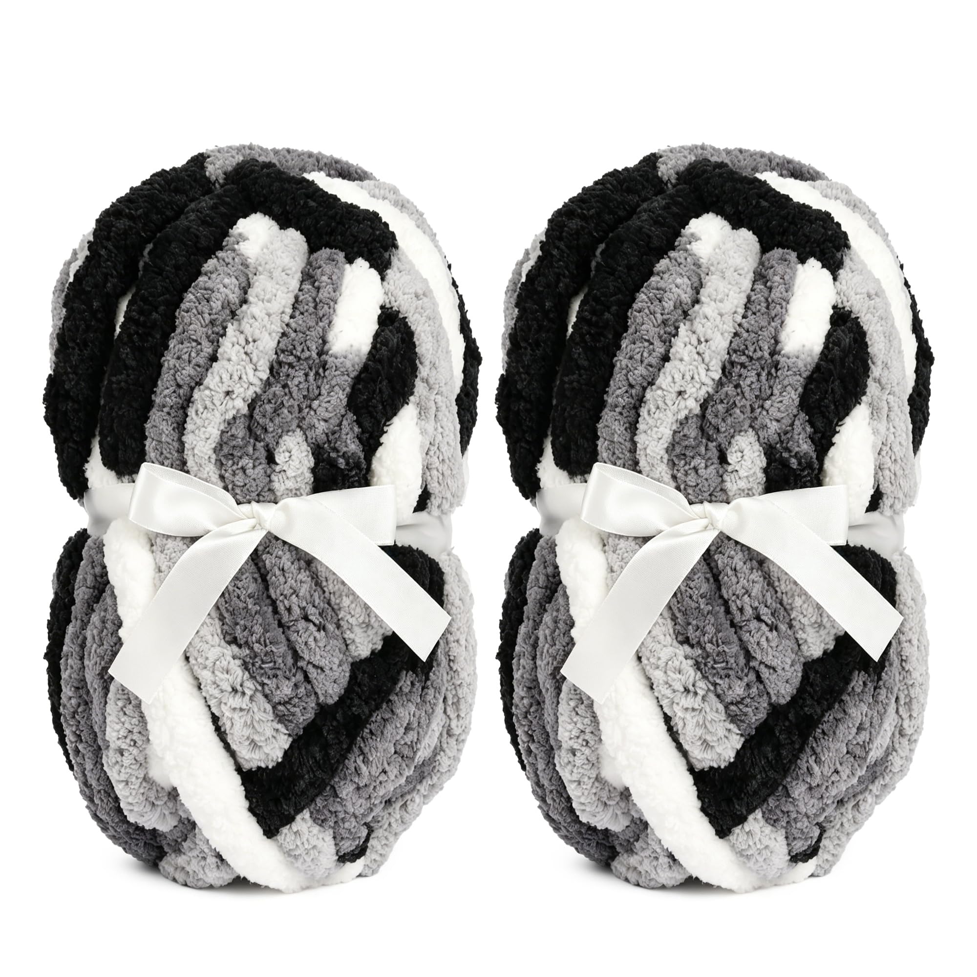 Chunky Chenille Yarn, Super Soft Fluffy Jumbo, 226g Skein, 24m Length, 2cm Diameter, for Hand Knitting and Crocheting, Blankets, Home Decor (2, Black & Grey & White)