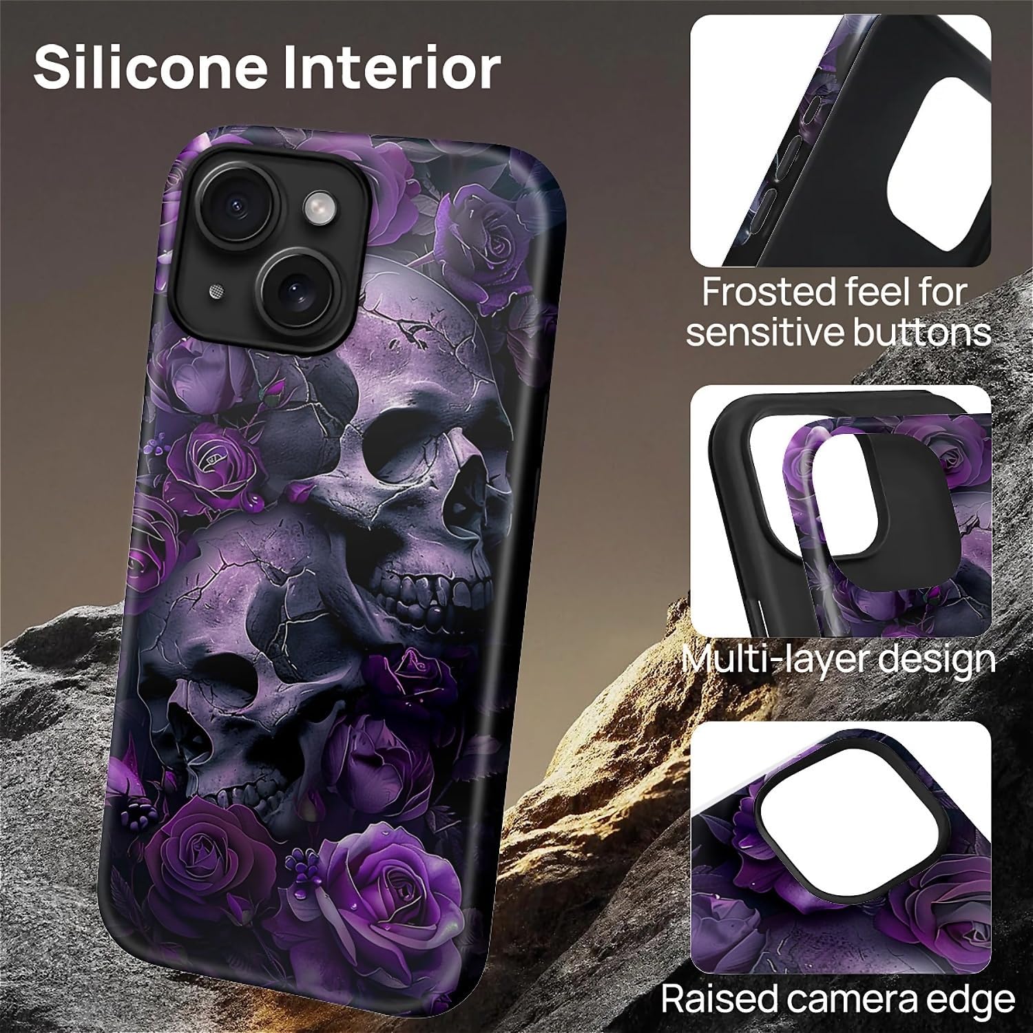 for iPhone 14 Case for MagSafe,Hard Hybrid Shell Shockproof Silicone Full Body Protective Glossy Case for iPhone 14 Purple Skull Rose Pattern - Image 4