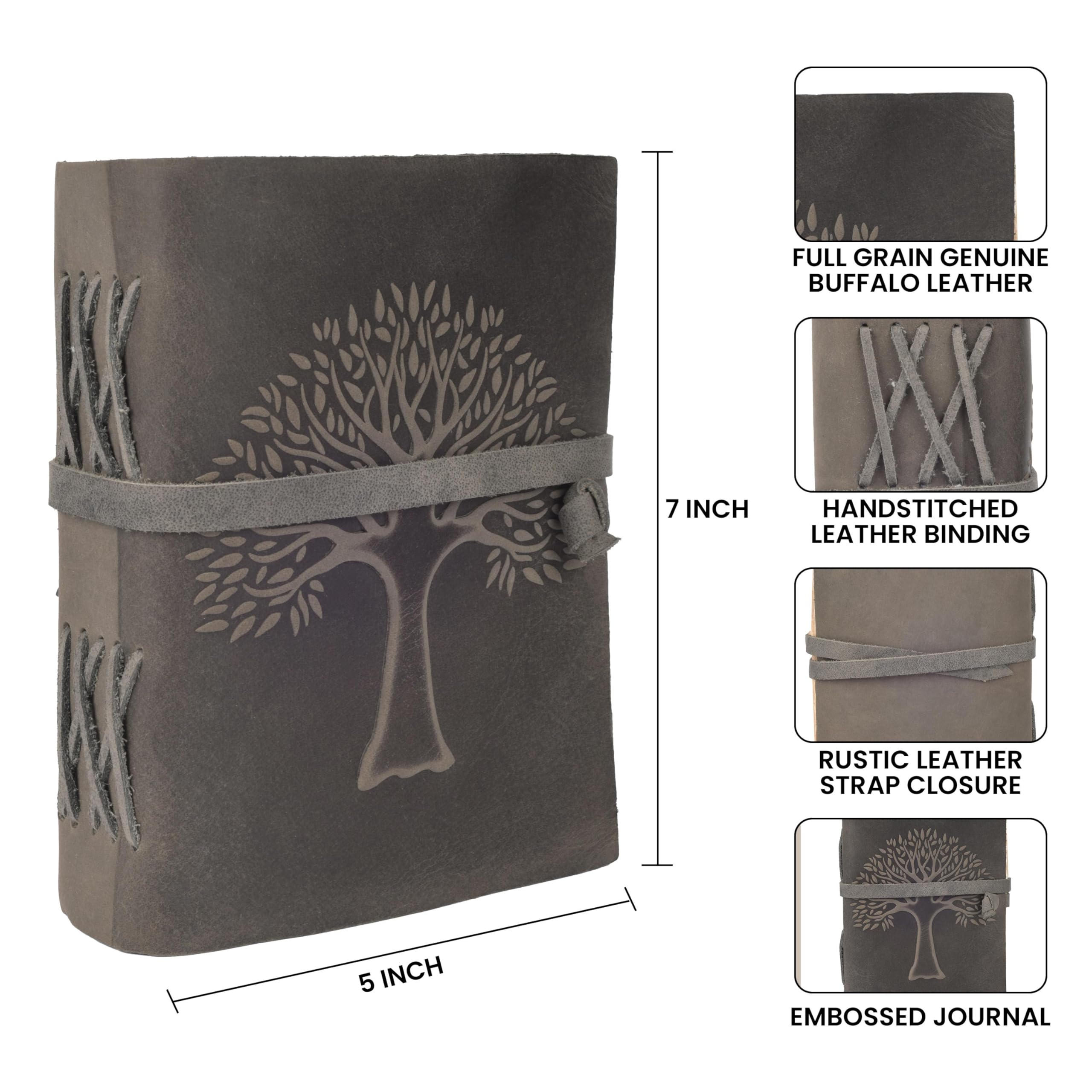 VDS Tree of Life Leather Journal 7 x 5 Inches Vintage Handmade Leather Bound Diary with 200 Deckle Edge Antique Papers Book of Shadows, Sketchbook, Writing Notebook for Men & Women - Grey - Image 4
