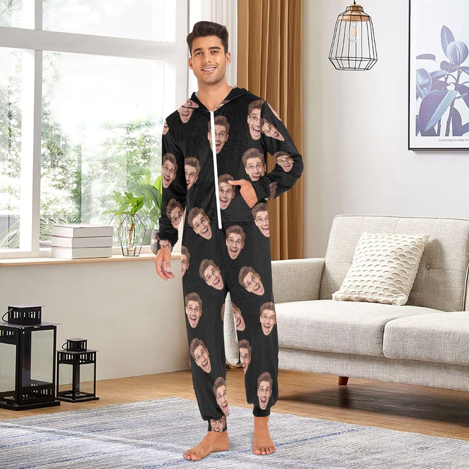 Custom Unisex Adult One-piece Pajamas with Face Photo Personalized Sleepwear Jumpsuits for Couples Christmas