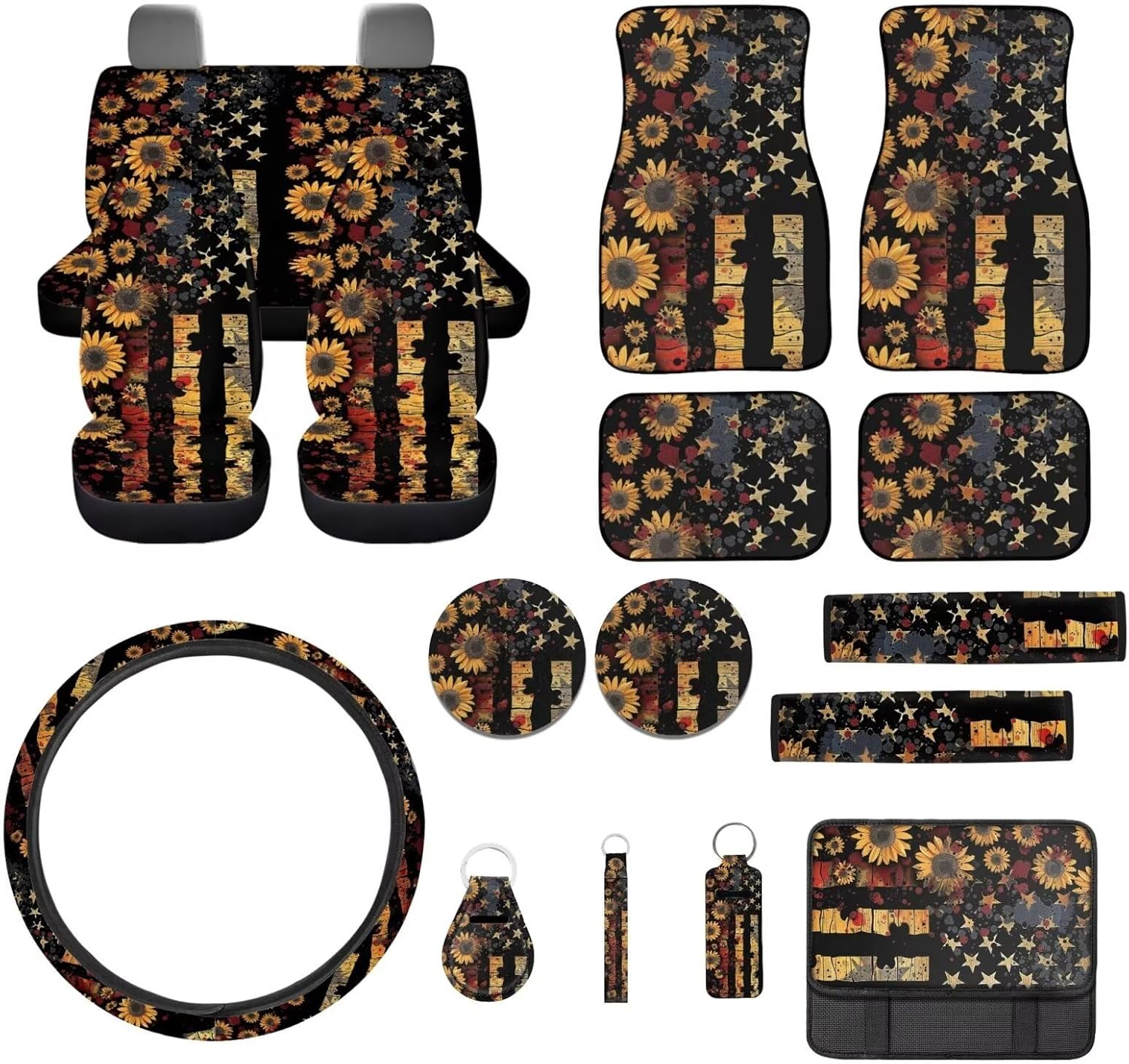 American Flag Car Seat Cover Full Set Sunflower Car Floor Mats Steering Wheel Cover Seatbelt Pad Armrest Cover Cup Coaster Keychains, Universal Auto Interior Accessories Set, 17 Pack