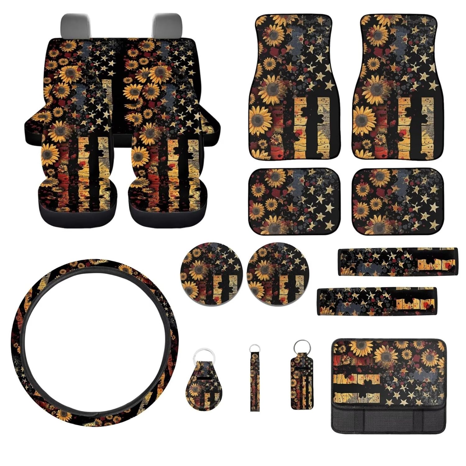American Flag Car Seat Cover Full Set Sunflower Car Floor Mats Steering Wheel Cover Seatbelt Pad Armrest Cover