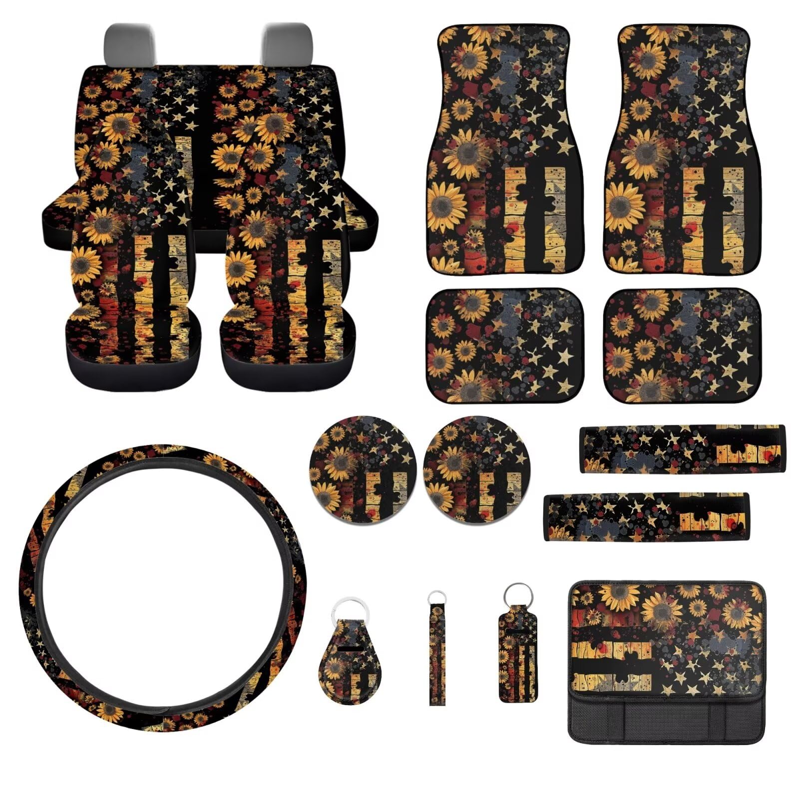 American Flag Car Seat Cover Full Set Sunflower Car Floor Mats Steering Wheel Cover Seatbelt Pad Armrest Cover