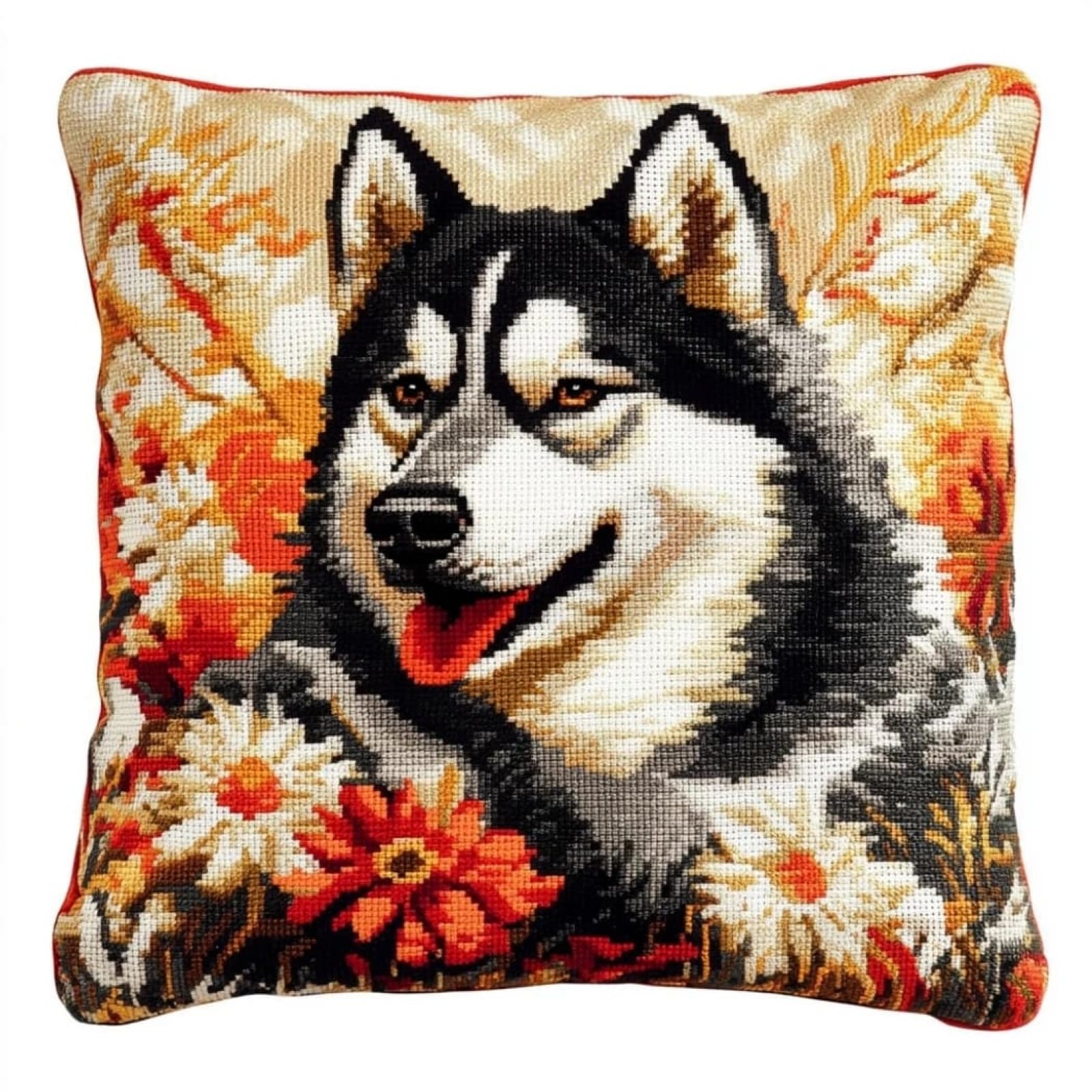 WallustrioaW Cross Stitch Pillow Cover Kit,Husky and Flower,Cross Stitch Cushion Pillow Cases 11CT Stamped Kit Handmade Cushion Cover Adults Beginner,18x18inch