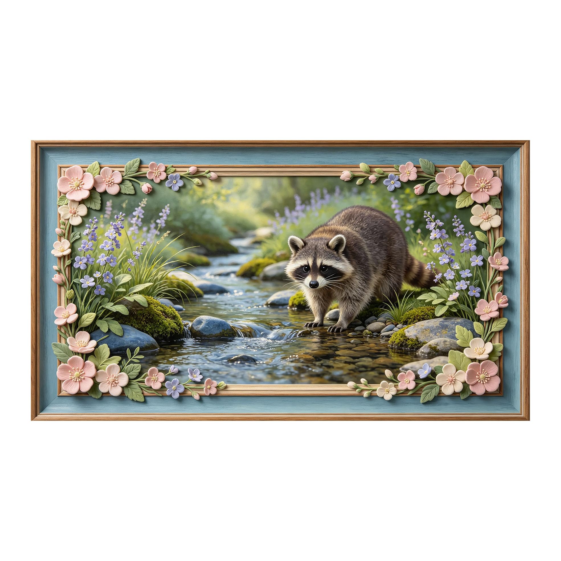 Murasolite 3D 3D Framed Wall Art 50cm×90cm Forest Stream Raccoon Landscape Oil Painting SelfAdhesive Fabric Mural Wall Decor, Peel and Stick No Damage to Wall for Bedroom Living Room