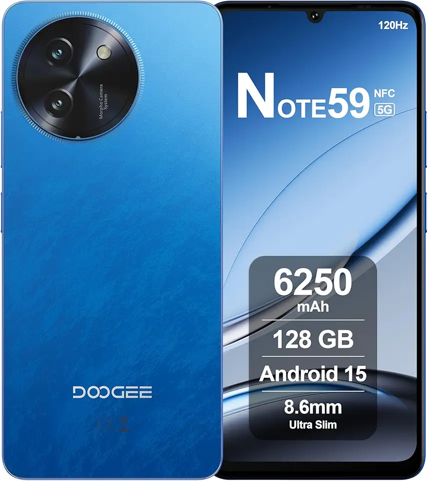 DOOGEE Note59 Smartphone 5G Android 15, 32GB RAM + 128GB ROM, Batería 6250mAh, Pantalla 6.75 Pulgadas HD+ 120Hz, AI Camara 16MP, Octa-Core, Dual SIM, NFC, Movil Libres, 2025, Azul
