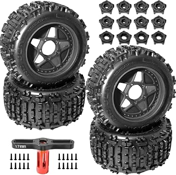 3.8" MT Monster Truck All Terrain Tires with Foam Insert - 17mm/14mm/12mm Hex Adapters Included for TRAXXAS Sledge ARRMA KRATON Outcast Tamiya HSP Set of 4 Replacement Part of AR510092