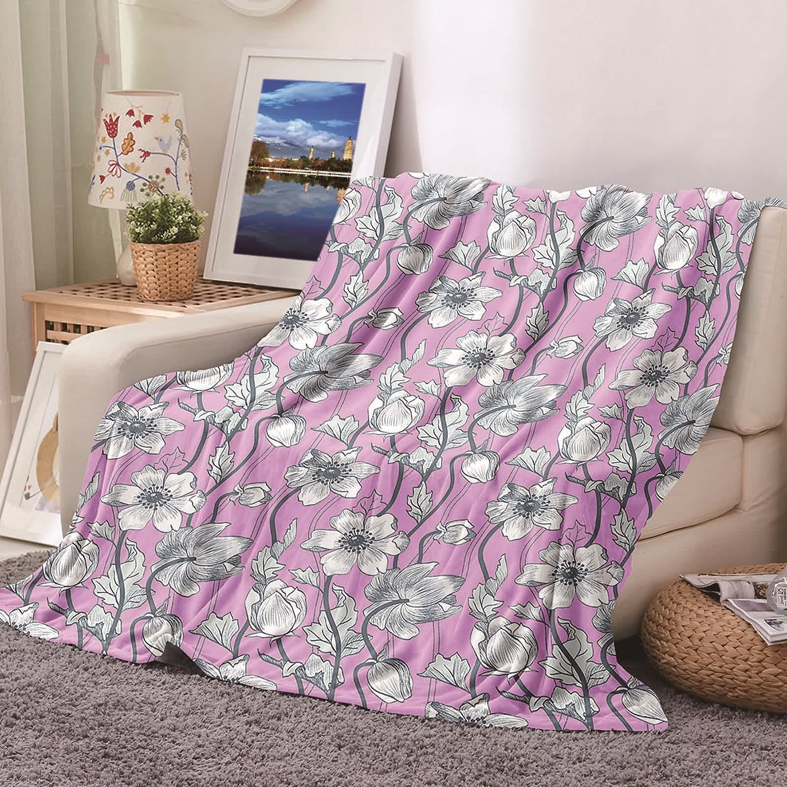 Plaid couverture polaire en flannel 100x150cm jeté de lit floral dessus de canapé rose