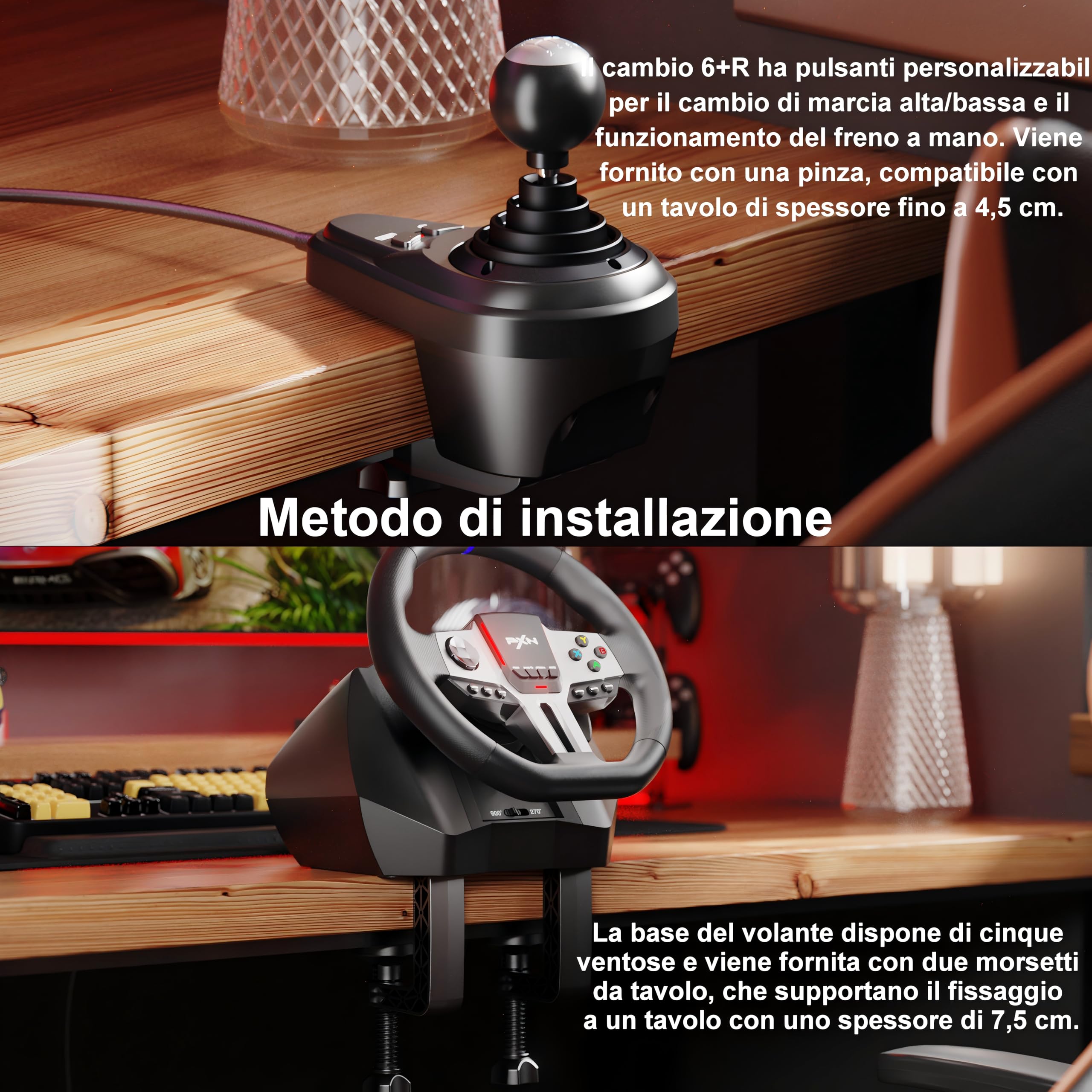 PXN V9 GEN2 Volante PC, Volante PS4 con Paddle Shifters, Pedale ad Effetto Hall, Cambio 6+R, App, Volante da Corsa per Xbox Series X/S, Xbox One, PC, PS4, PS3