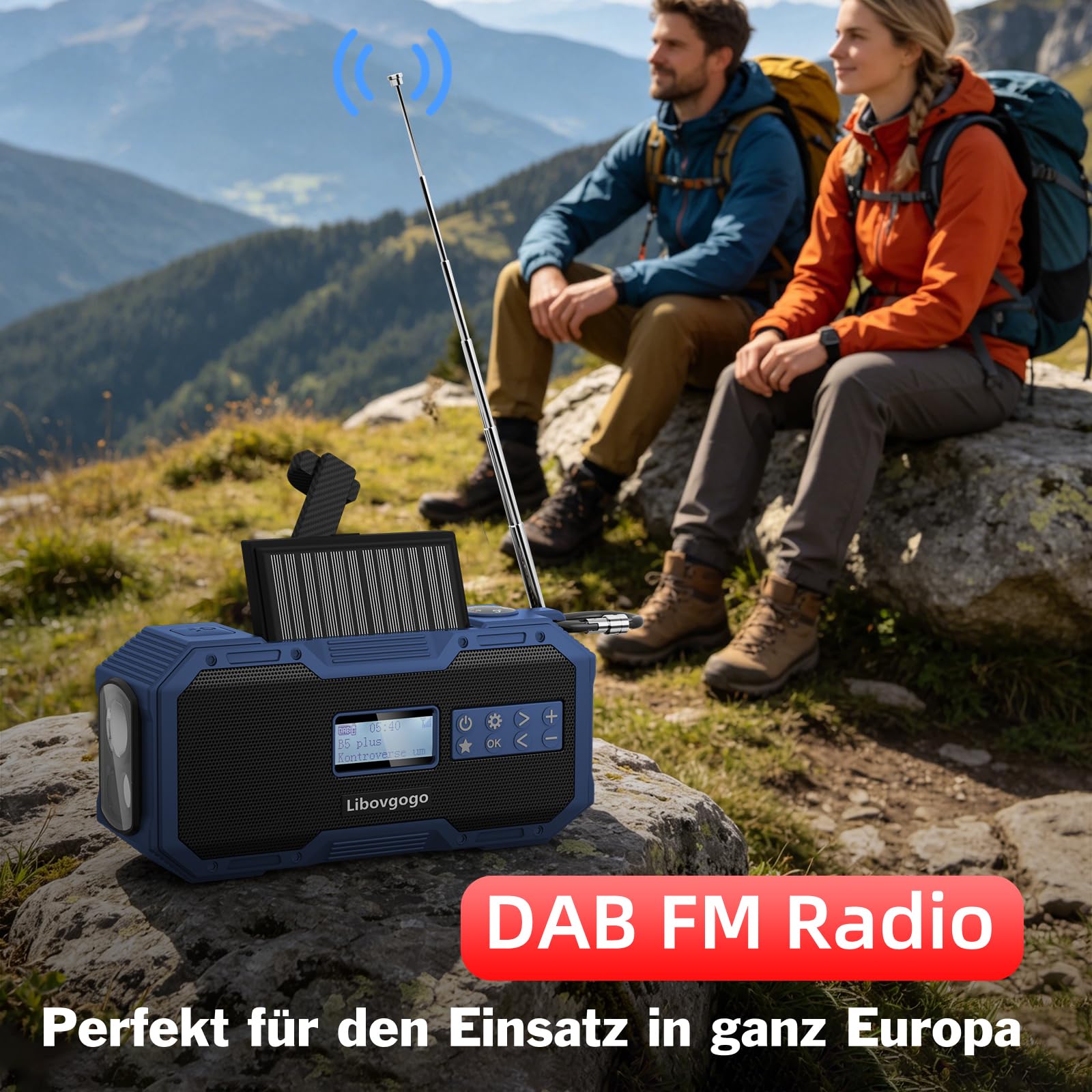 Libovgogo DF-587D Radio portátil DAB+ FM con altavoz Bluetooth impermeable, radio de manivela con función de carga de teléfono solar, batería externa de 5000 mAh, linterna, luz estroboscópica, SOS