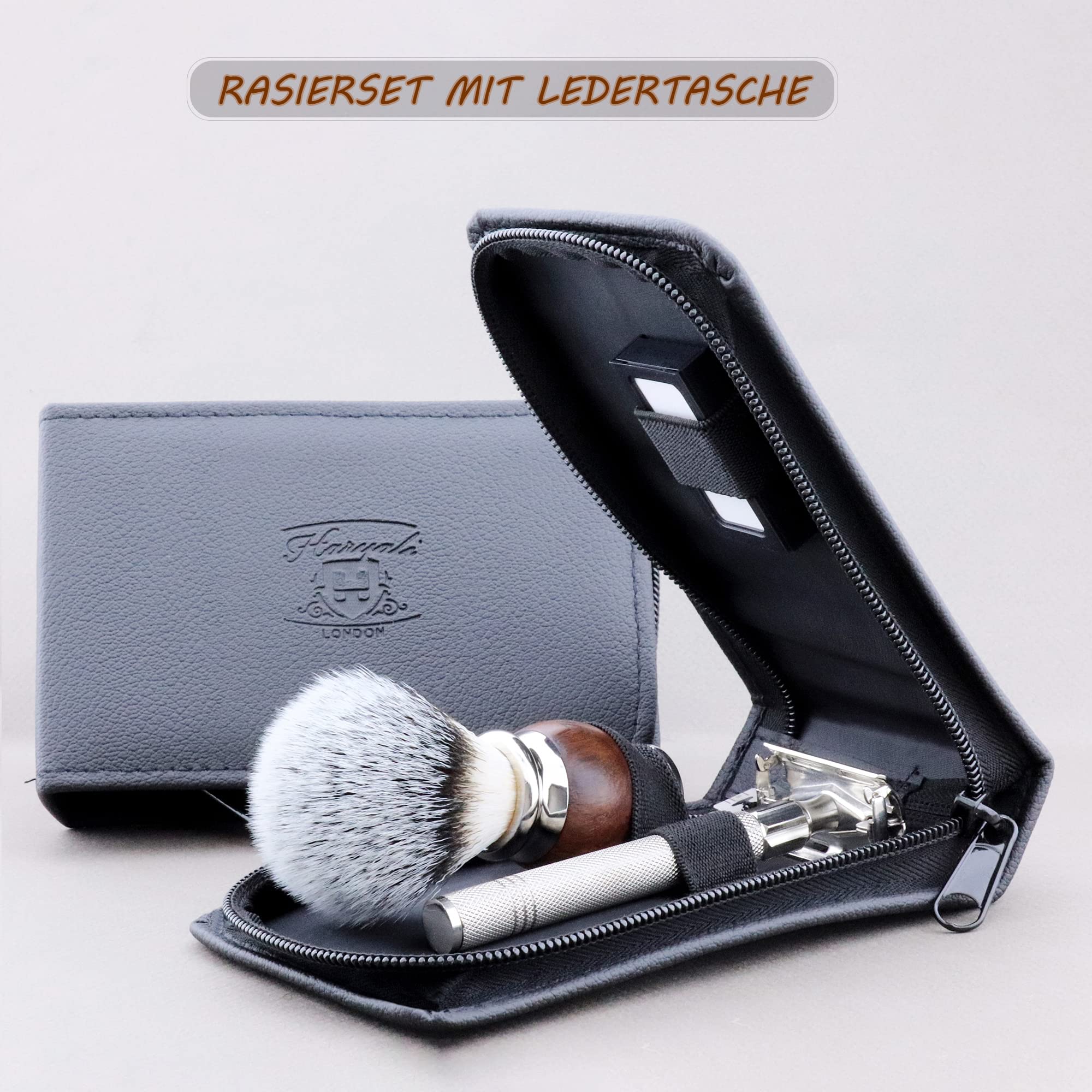 Haryali London Set da barba – Pennello da barba Vegan – Sapone da barba, ciotola da barba, pietra di allume, 6 pezzi, rasoio bagnato, da uomo e da donna, con lamette da rasoio, custodia rasoio
