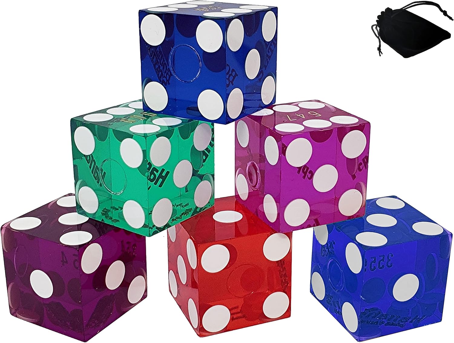 Bulk Lot of *6* Polished Dice from Las Vegas Casinos, Assorted Colors Blue Green Purple Red. Perfect for Poker, Farkle, Yahtzee, Dice Staking, Bunco, 5- or 6-Dice Games. Set Includes Storage Pouch.