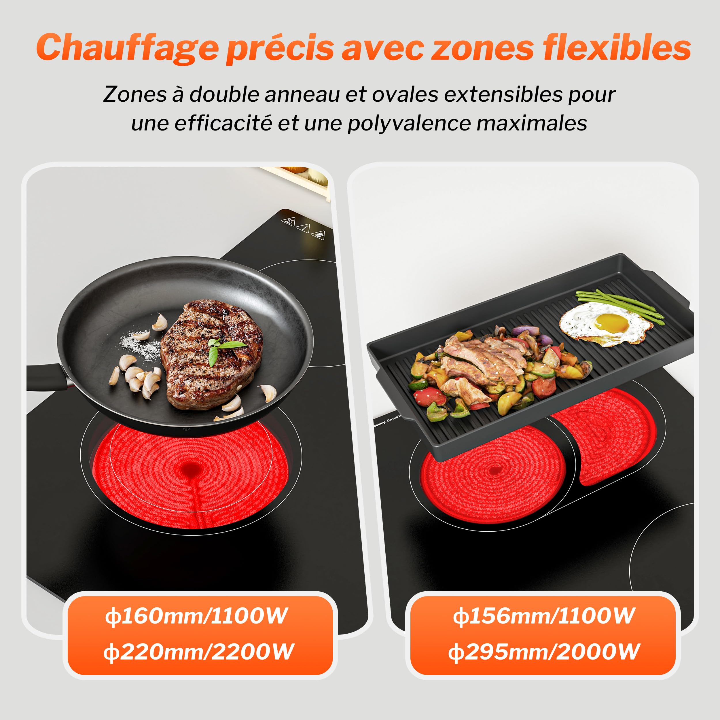 FIREGAS Plaque de Cuisson Électrique Vitrocéramique 4 Feux Encastrable 7200W Zones Duales Ovales Contrôle Tactile Minuteur