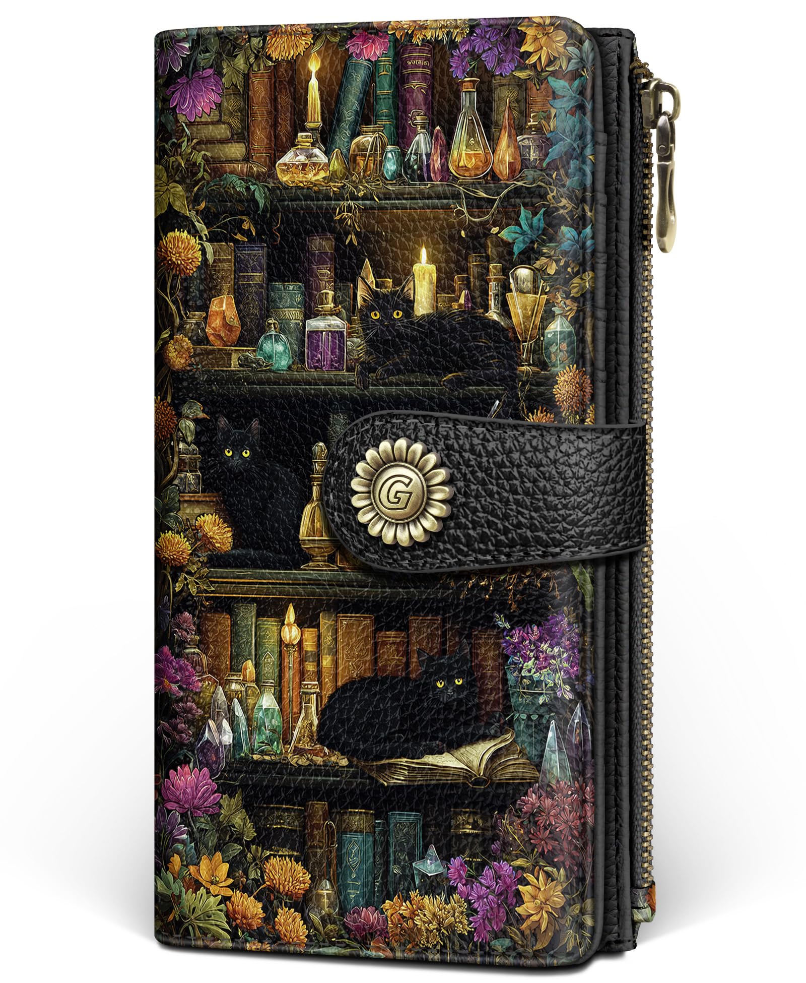 Black Cat Book Womens Wallet RFID, Credit Card Holder Bifold