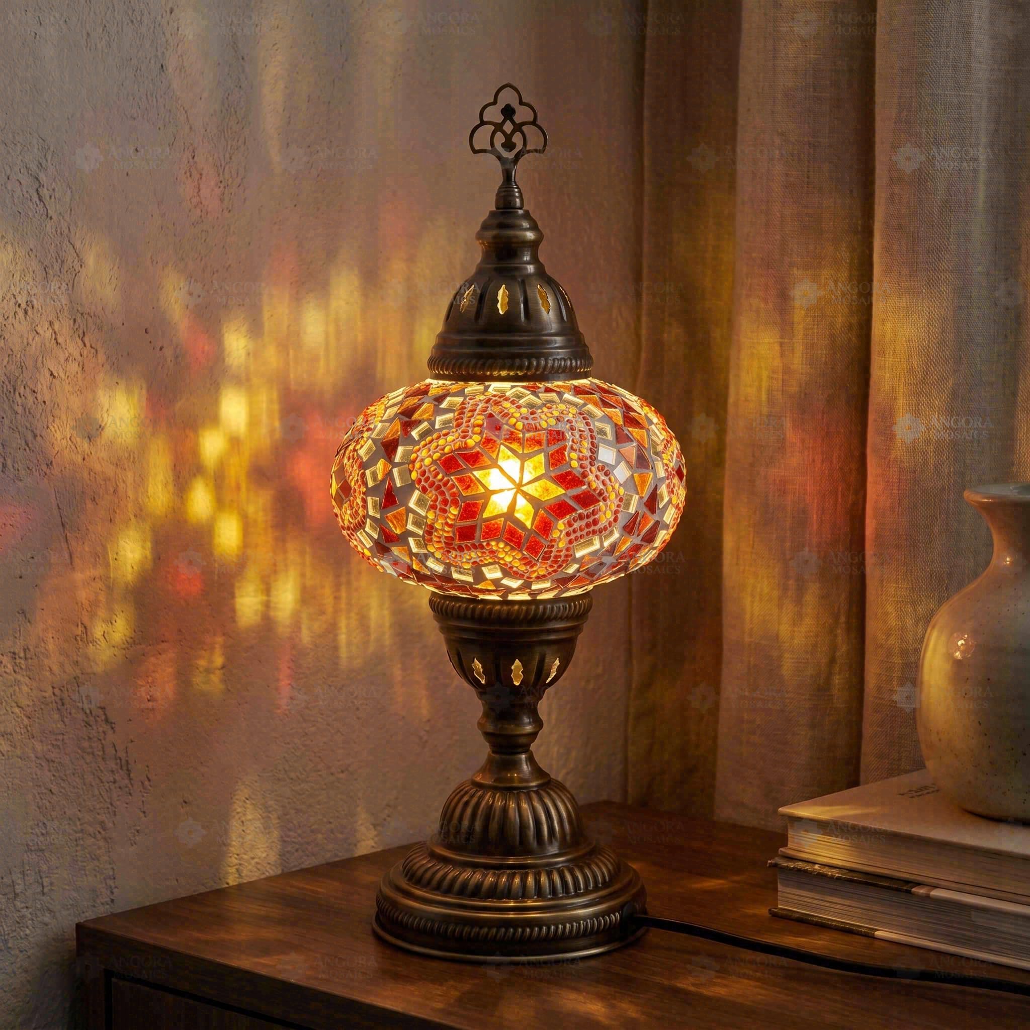 ENVA Czerwona lampa stołowa z mozaiką - turecka lampa mozaikowa - ręcznie robiona szklana lampka nocna - marokańska lampa biurkowa boho ze wzorem gwiazdy