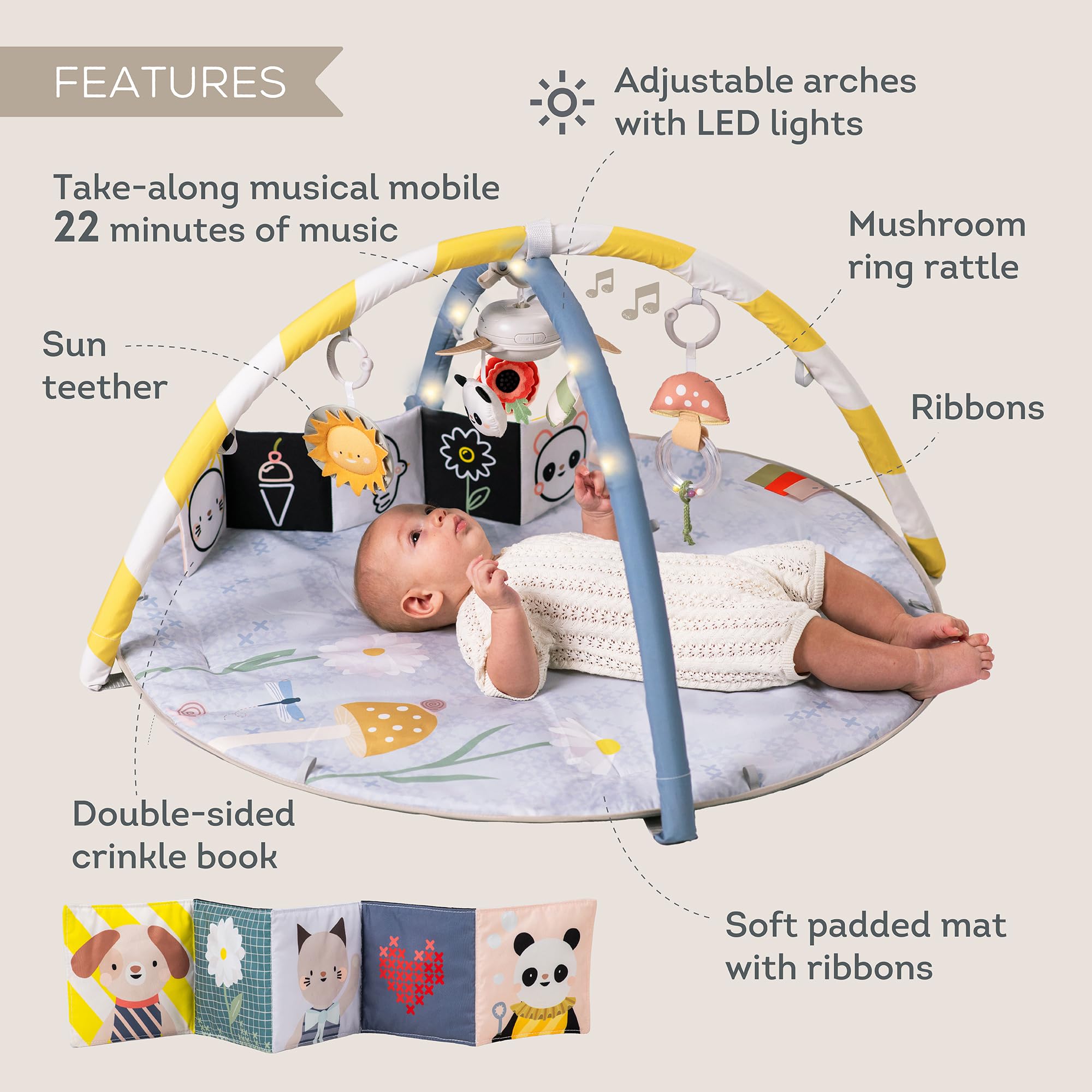 Taf Toys Fantasy Bloom Fitnessstudio.LED Lichterbögen, tragbares Musik-Mobile (20 Minuten beruhigende Melodien), sensorisches interaktives Spielzeug, doppelseitiges Babybuch & weich gepolsterte